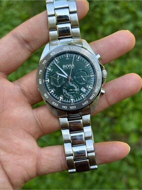 BOSS Silver Stainless Steel Chronograph with Green Dial Mens Watch